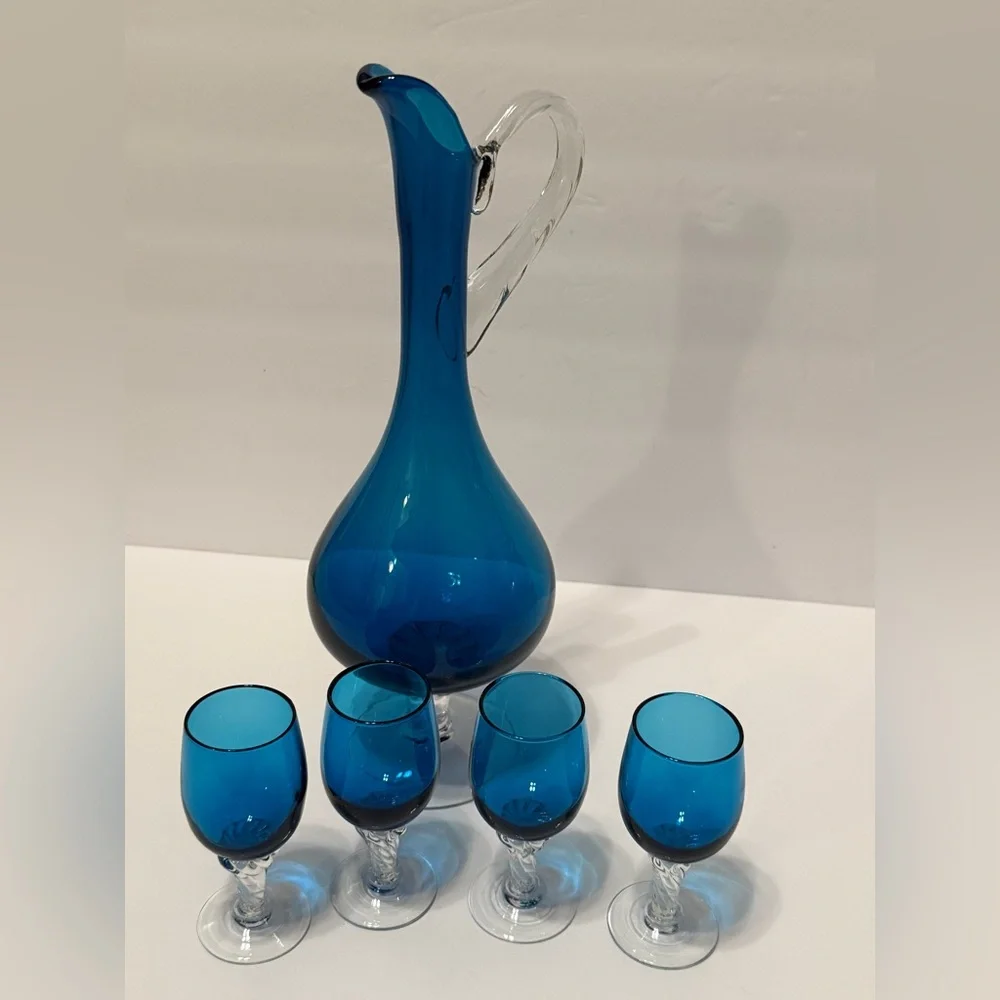 MCM Empoli Italian Glass Decanter Pitcher Set Teal Blue 4 Twisted Stem Glasses